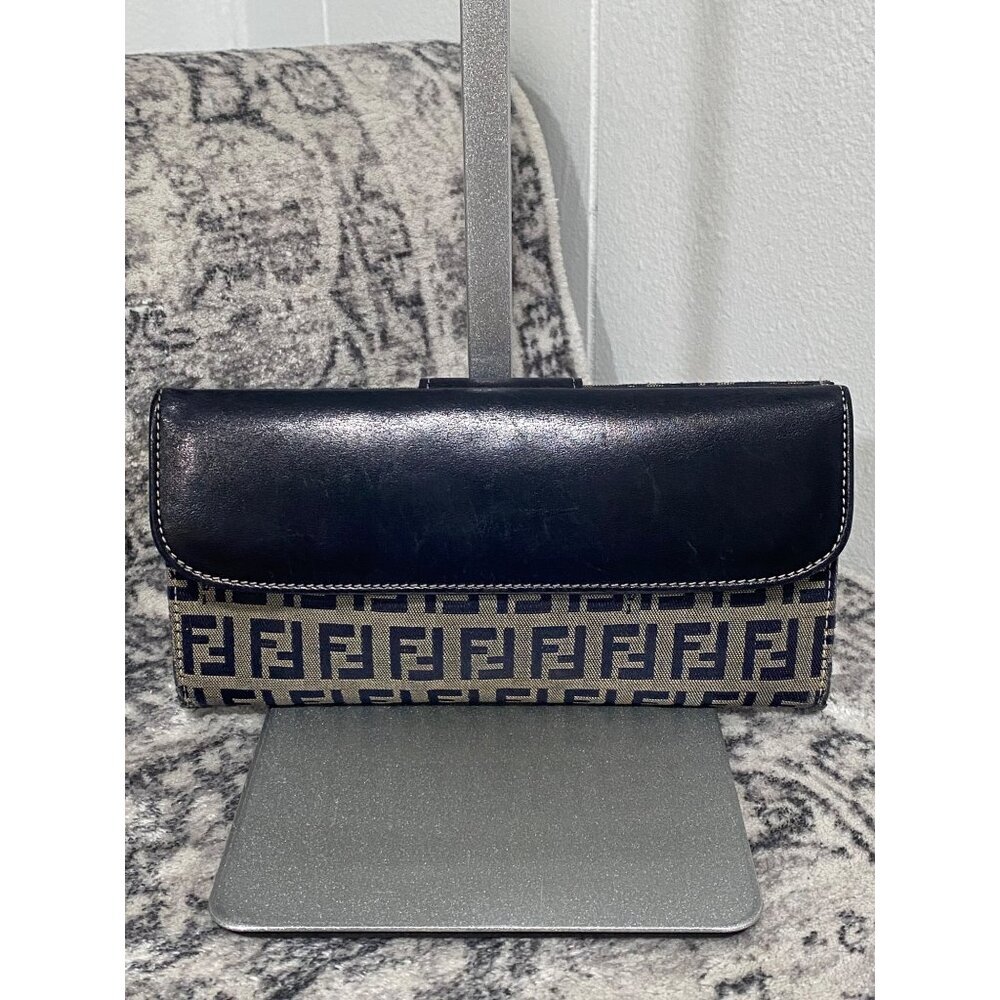 FENDI Zucca Canvas Leather Bifold Long Wallet Gray Navy - Picture 3 of 7